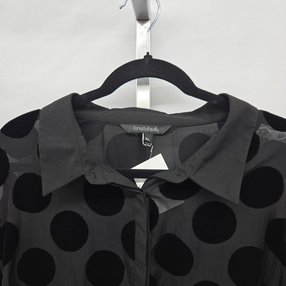Long Tall Sally Black Velvet Polka Dot Sheer Button Up Blouse – Size XL