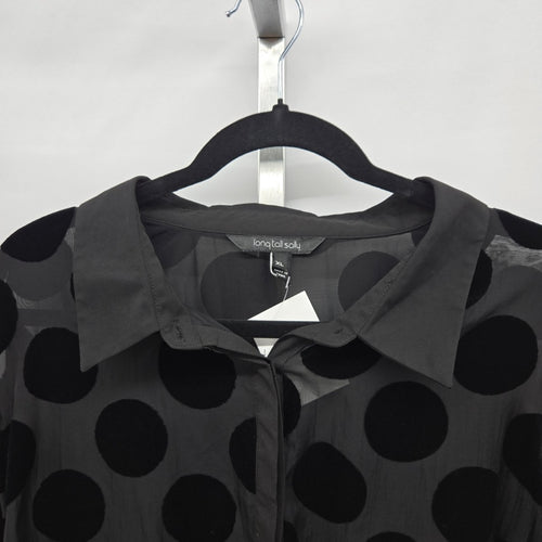 Long Tall Sally Black Velvet Polka Dot Sheer Button Up Blouse – Size XL