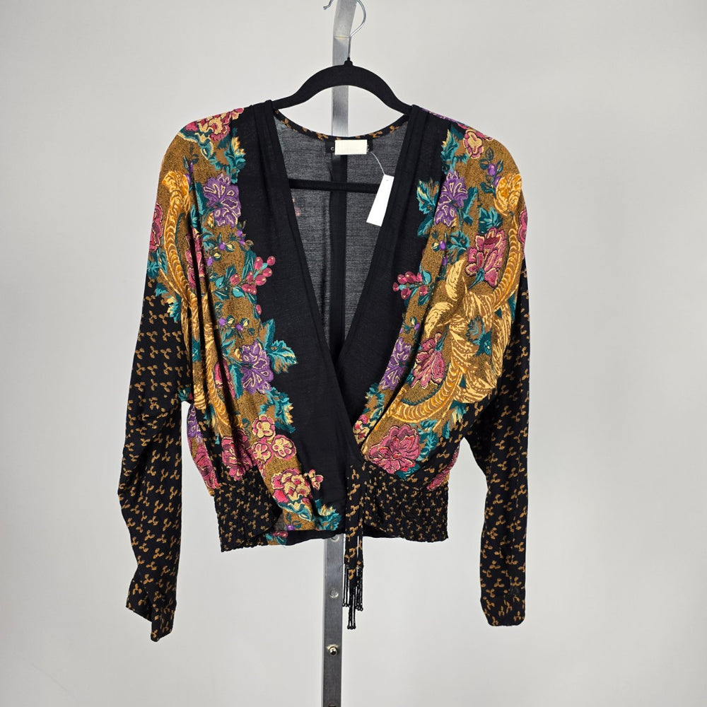 Vintage Carole Little Floral Wrap Front Blouse Black Multicolor – Size 8