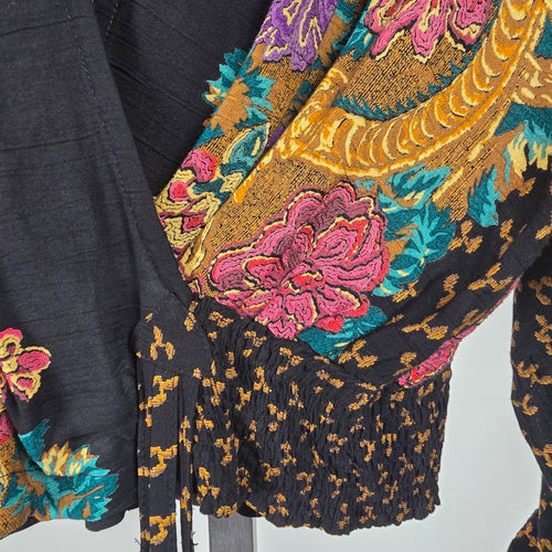 Vintage Carole Little Floral Wrap Front Blouse Black Multicolor – Size 8