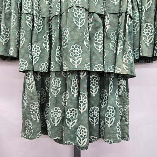Maxime Green Floral Print Tiered Cotton Mini Dress
