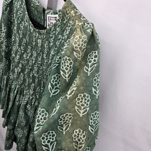 Maxime Green Floral Print Tiered Cotton Mini Dress