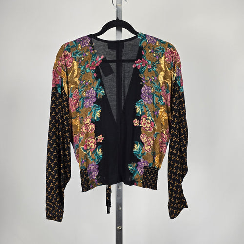 Vintage Carole Little Floral Wrap Front Blouse Black Multicolor – Size 8