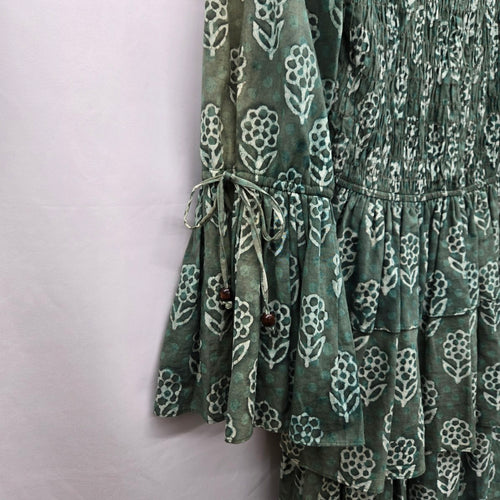 Maxime Green Floral Print Tiered Cotton Mini Dress