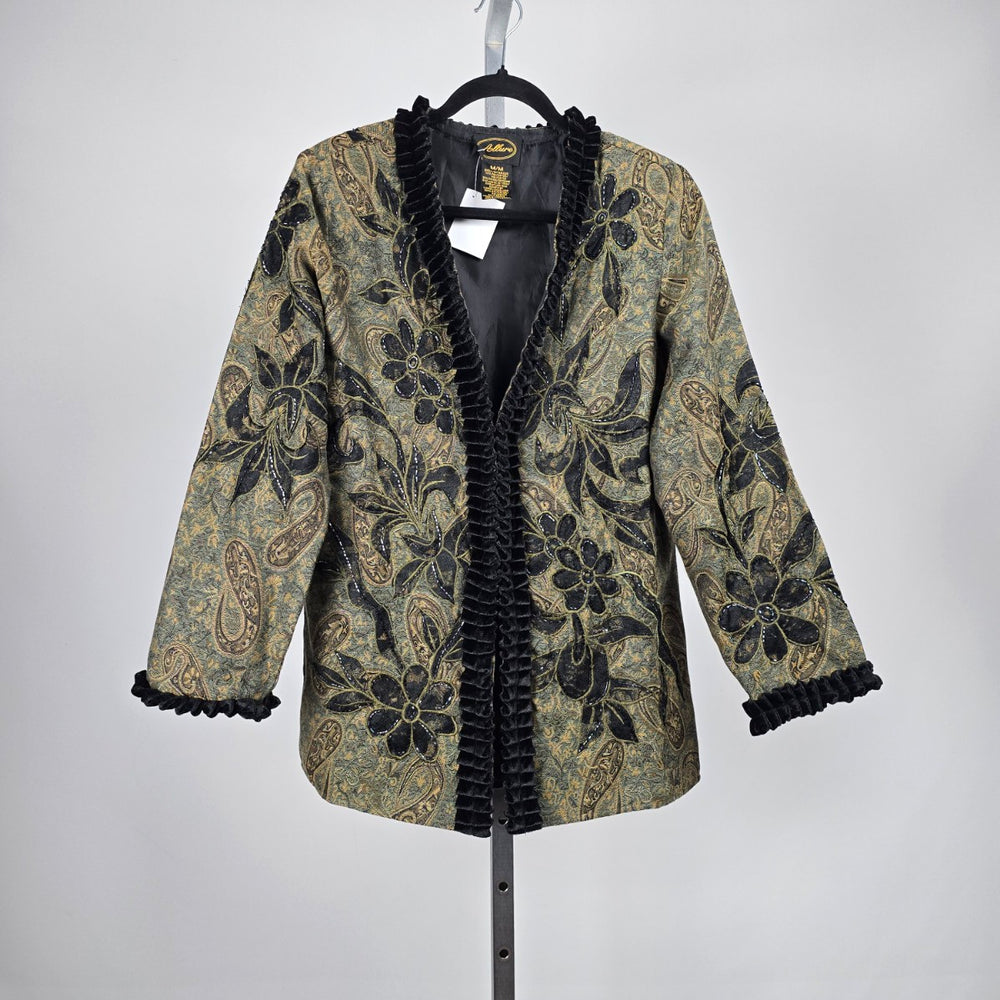 Allure Floral Paisley Jacquard Velvet Trim Jacket Olive Black – Size M