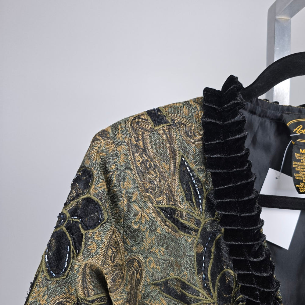 Allure Floral Paisley Jacquard Velvet Trim Jacket Olive Black – Size M