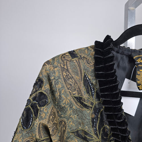 Allure Floral Paisley Jacquard Velvet Trim Jacket Olive Black – Size M