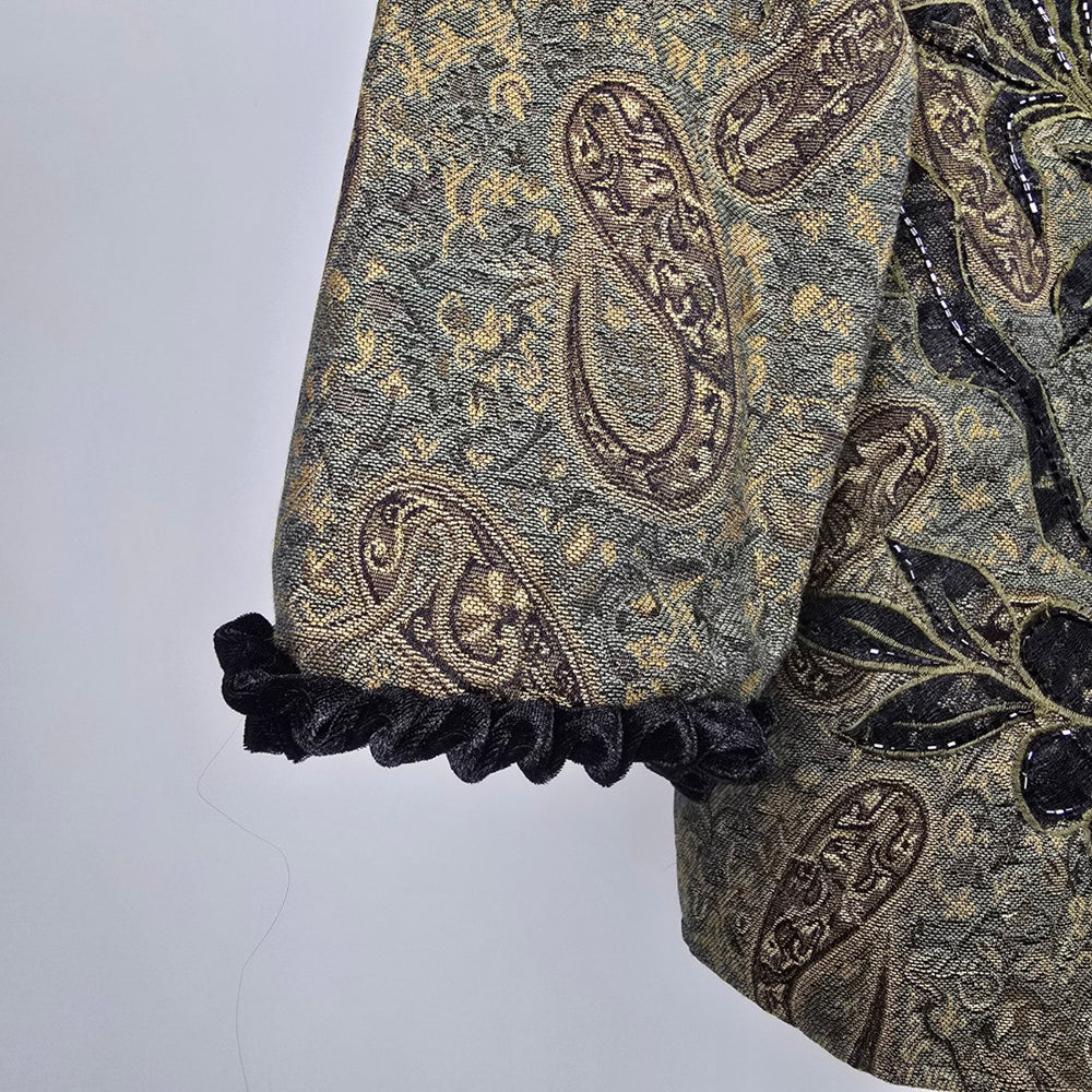 Allure Floral Paisley Jacquard Velvet Trim Jacket Olive Black – Size M