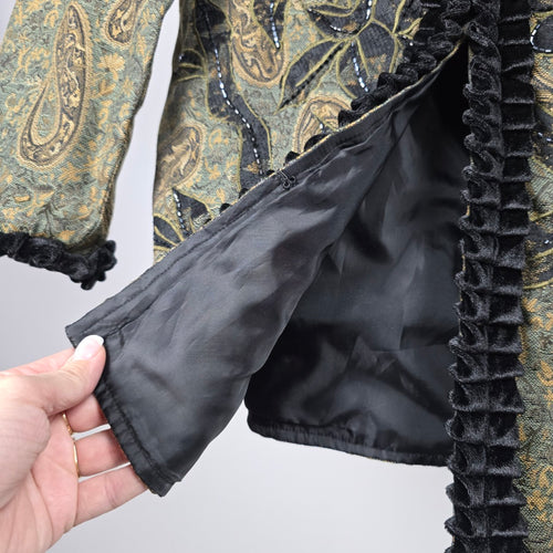 Allure Floral Paisley Jacquard Velvet Trim Jacket Olive Black – Size M