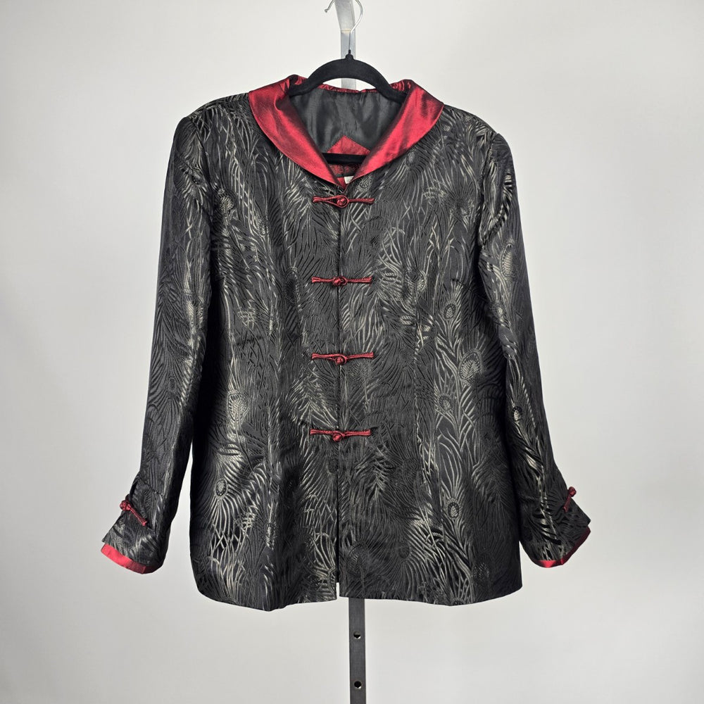 Vintage Black Red Peacock Jacquard Frog Closure Jacket – Size M/L