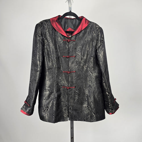 Vintage Black Red Peacock Jacquard Frog Closure Jacket – Size M/L