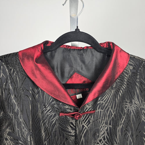Vintage Black Red Peacock Jacquard Frog Closure Jacket – Size M/L