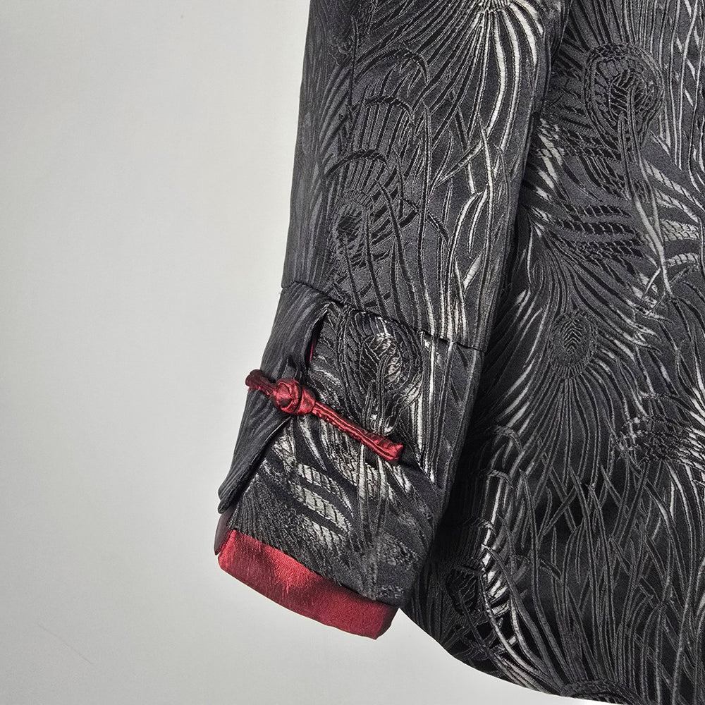 Vintage Black Red Peacock Jacquard Frog Closure Jacket – Size M/L