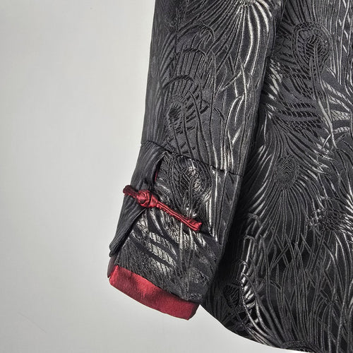 Vintage Black Red Peacock Jacquard Frog Closure Jacket – Size M/L