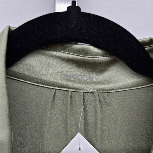 Marc Cain Sage Green Satin Blouse with Lace Trim Bell Sleeves Size S/M