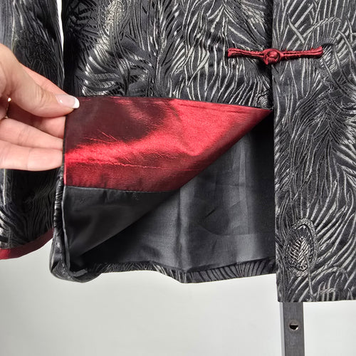 Vintage Black Red Peacock Jacquard Frog Closure Jacket – Size M/L