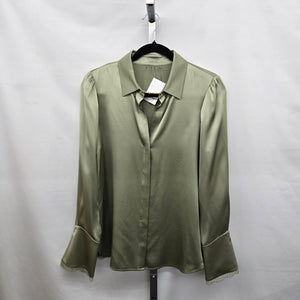 Marc Cain Sage Green Satin Blouse with Lace Trim Bell Sleeves Size S/M