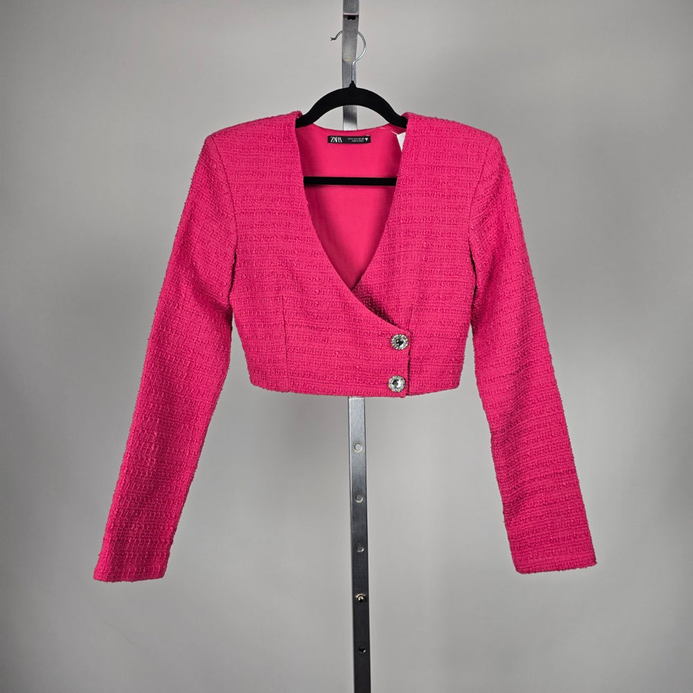 Zara Pink Bouclé Cropped Wrap Blazer – Size S