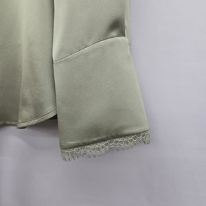 Marc Cain Sage Green Satin Blouse with Lace Trim Bell Sleeves Size S/M