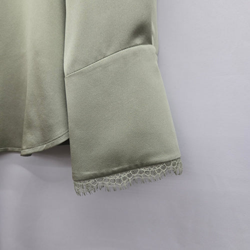 Marc Cain Sage Green Satin Blouse with Lace Trim Bell Sleeves Size S/M