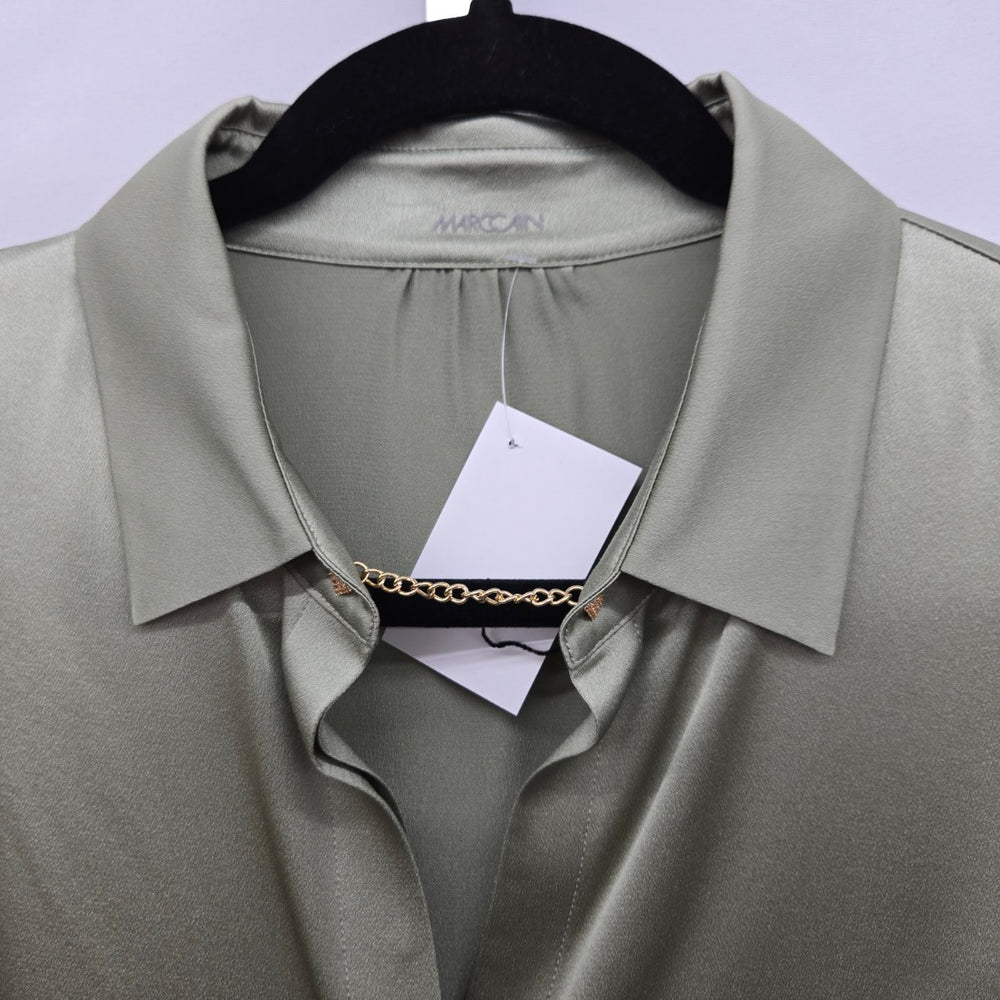 Marc Cain Sage Green Satin Blouse with Lace Trim Bell Sleeves Size S/M