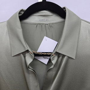 Marc Cain Sage Green Satin Blouse with Lace Trim Bell Sleeves Size S/M