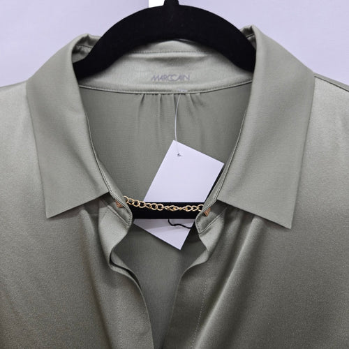 Marc Cain Sage Green Satin Blouse with Lace Trim Bell Sleeves Size S/M