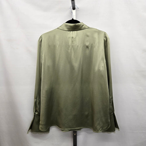 Marc Cain Sage Green Satin Blouse with Lace Trim Bell Sleeves Size S/M