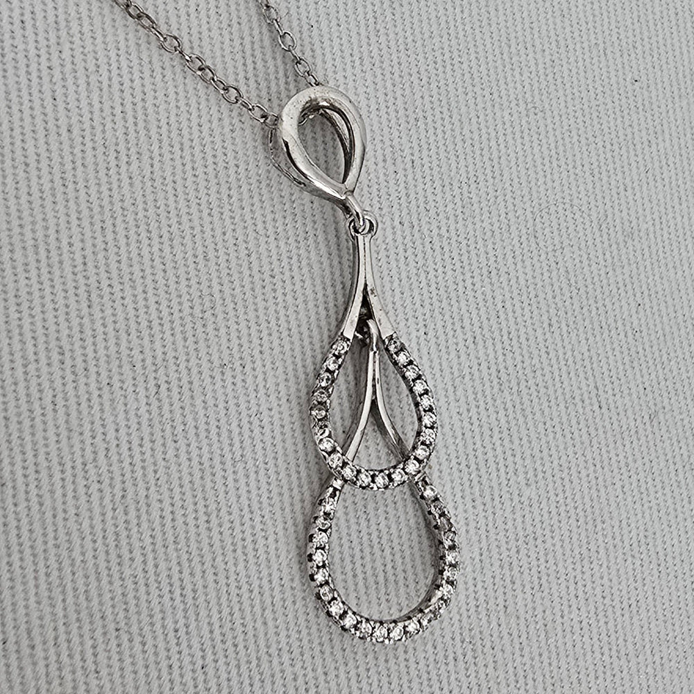 925 Italy Sterling Silver Double Teardrop Crystal Pendant Necklace