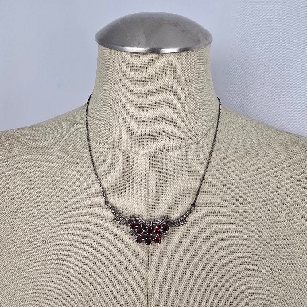 Vintage Sterling Silver Garnet & Marcasite Wing Necklace, Art Deco Style