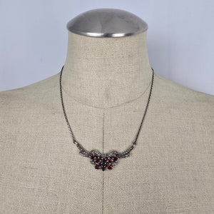 Vintage Sterling Silver Garnet & Marcasite Wing Necklace, Art Deco Style