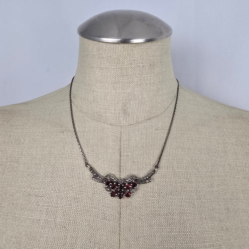 Vintage Sterling Silver Garnet & Marcasite Wing Necklace, Art Deco Style