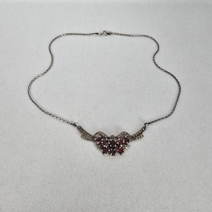 Vintage Sterling Silver Garnet & Marcasite Wing Necklace, Art Deco Style