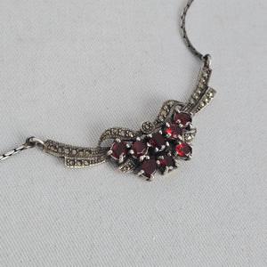 Vintage Sterling Silver Garnet & Marcasite Wing Necklace, Art Deco Style