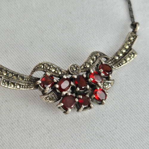 Vintage Sterling Silver Garnet & Marcasite Wing Necklace, Art Deco Style