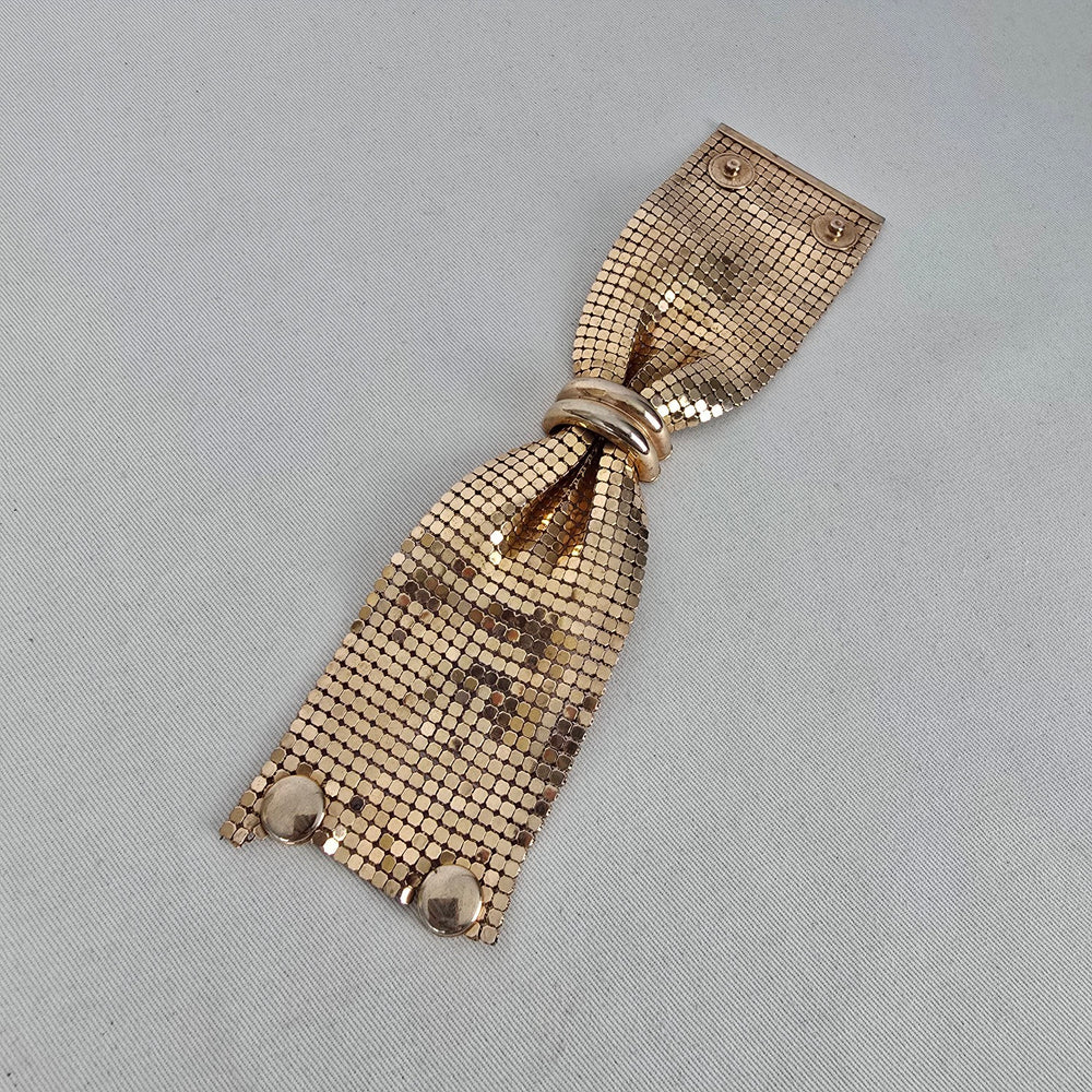 Vintage RAU F. Co. Providence Gold Mesh Bow Cuff Bracelet, 1960s