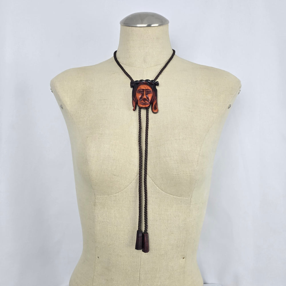 Vintage 1975 Carved Wood Chief Bolo Tie, Western Accessory