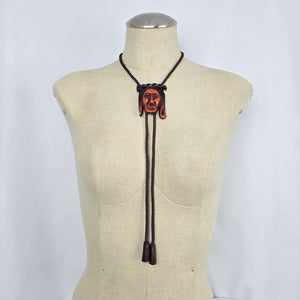 Vintage 1975 Carved Wood Chief Bolo Tie, Western Accessory