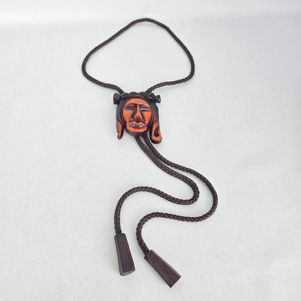 Vintage 1975 Carved Wood Chief Bolo Tie, Western Accessory