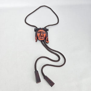 Vintage 1975 Carved Wood Chief Bolo Tie, Western Accessory