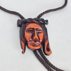 Vintage 1975 Carved Wood Chief Bolo Tie, Western Accessory