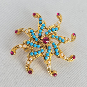 Vintage Coro Turquoise & Ruby Rhinestone Pinwheel Brooch