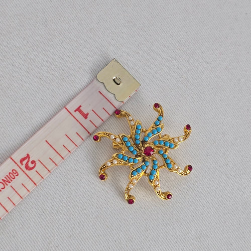 Vintage Coro Turquoise & Ruby Rhinestone Pinwheel Brooch