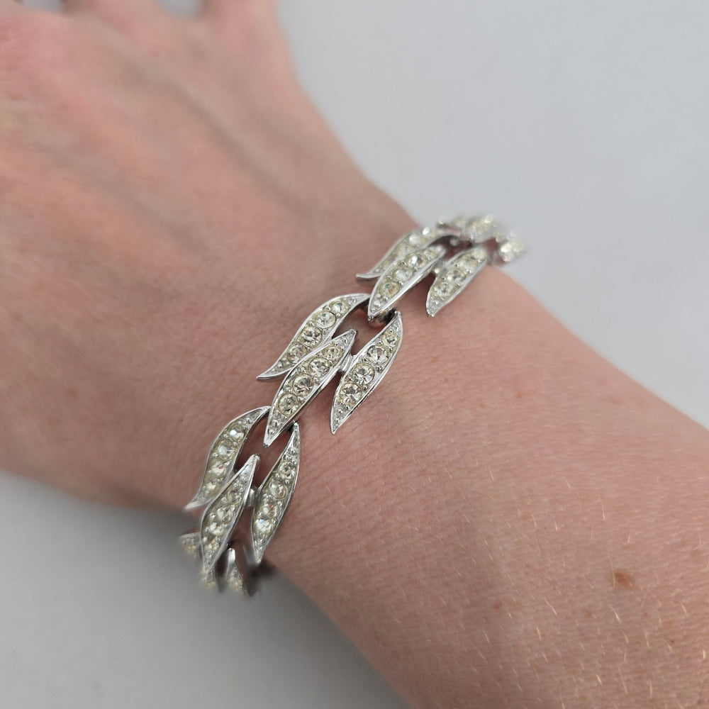 Vintage Silver-Tone Rhinestone Leaf Link Bracelet