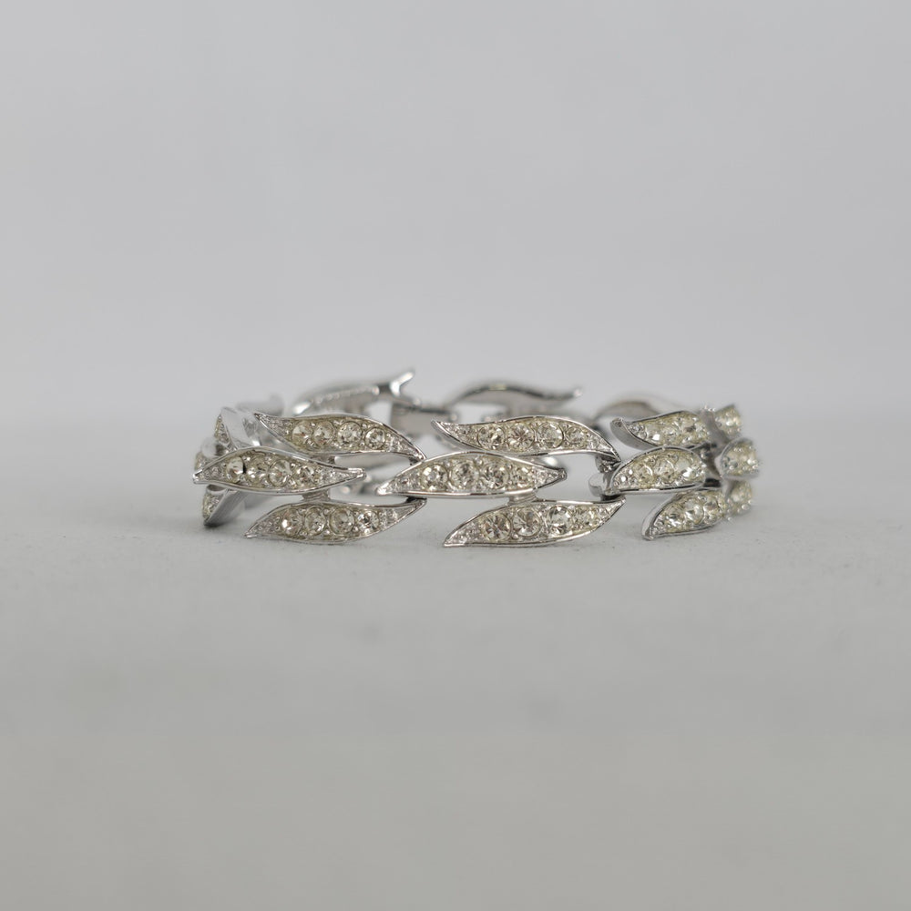 Vintage Silver-Tone Rhinestone Leaf Link Bracelet