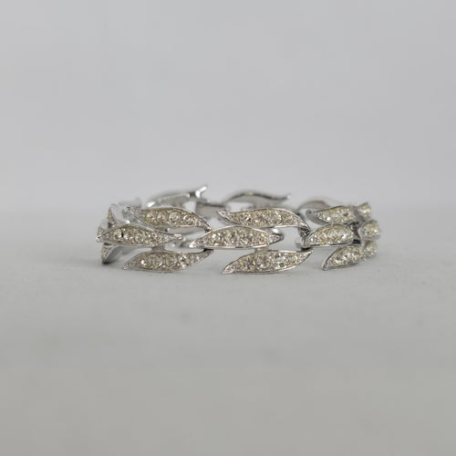 Vintage Silver-Tone Rhinestone Leaf Link Bracelet