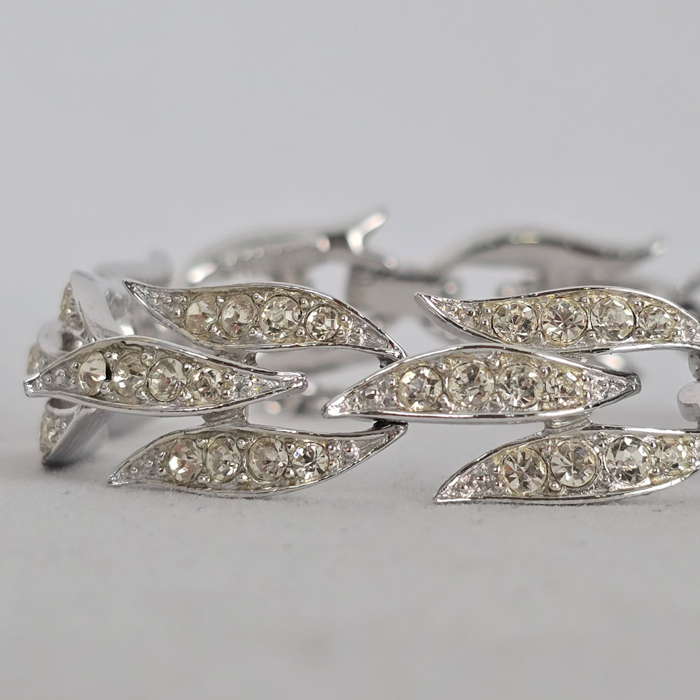 Vintage Silver-Tone Rhinestone Leaf Link Bracelet