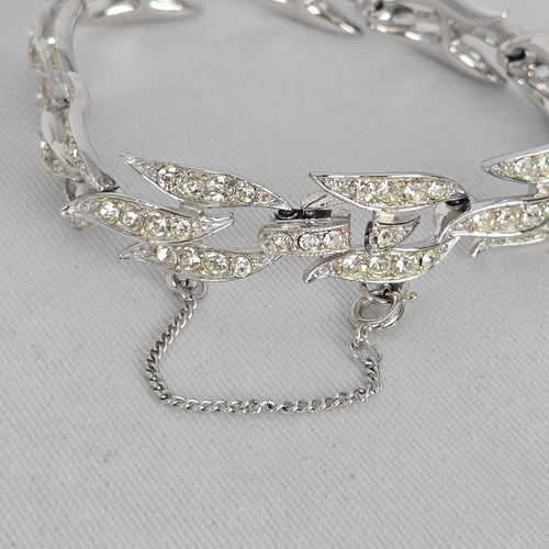 Vintage Silver-Tone Rhinestone Leaf Link Bracelet