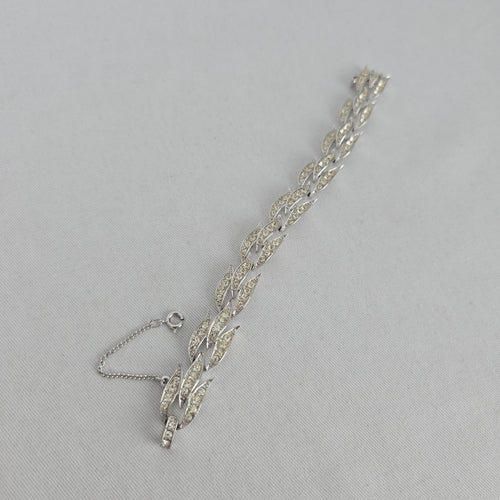 Vintage Silver-Tone Rhinestone Leaf Link Bracelet