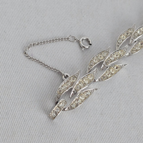 Vintage Silver-Tone Rhinestone Leaf Link Bracelet